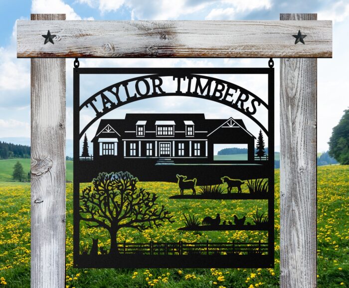 Taylor Timbers Outdoor Metal Farm Sign with Custom Farmhouse Silhouette