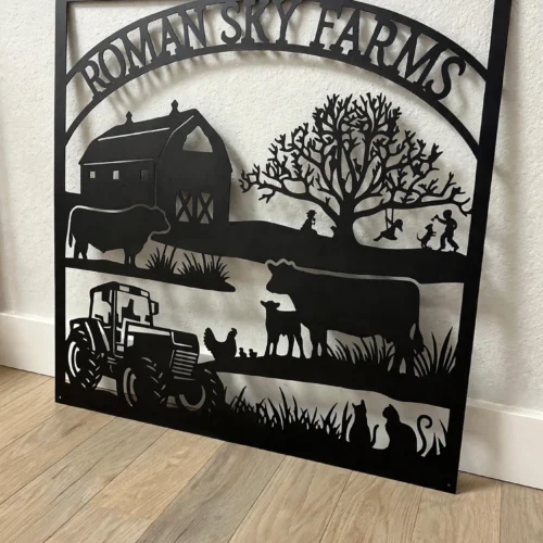 Roman Sky Farms farm sign, leaning against a wall on a light oak floor